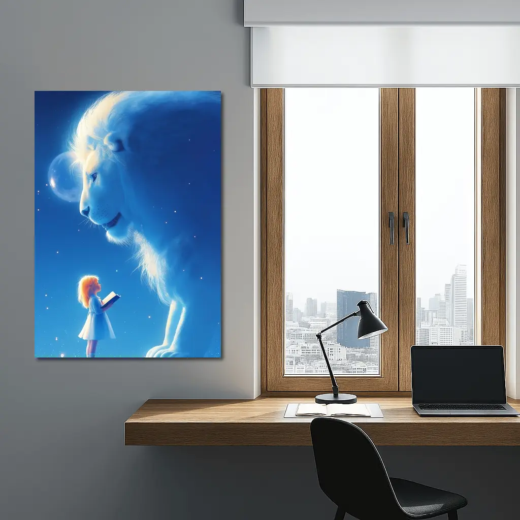 Girl and Glowing White Lion Blue Fantasy – Wall Art