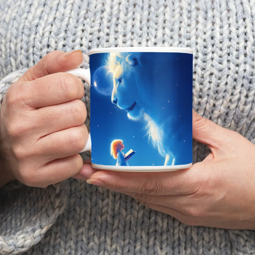 Girl and Glowing White Lion Blue Fantasy – Mugs