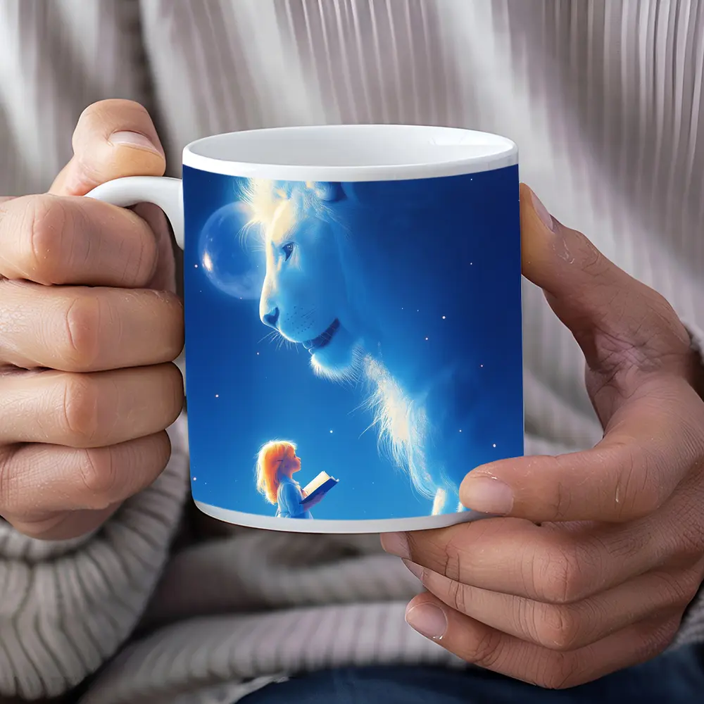 Girl and Glowing White Lion Blue Fantasy – Mugs
