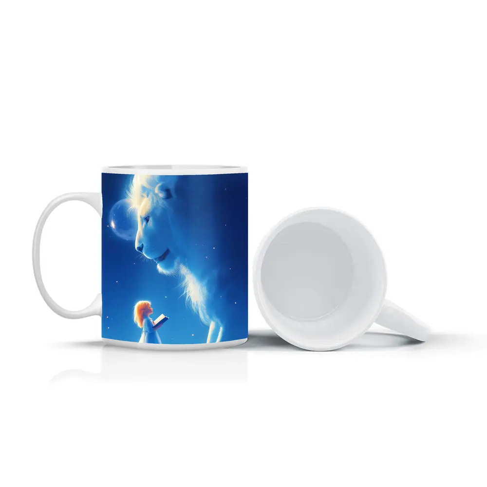 Girl and Glowing White Lion Blue Fantasy – Mugs
