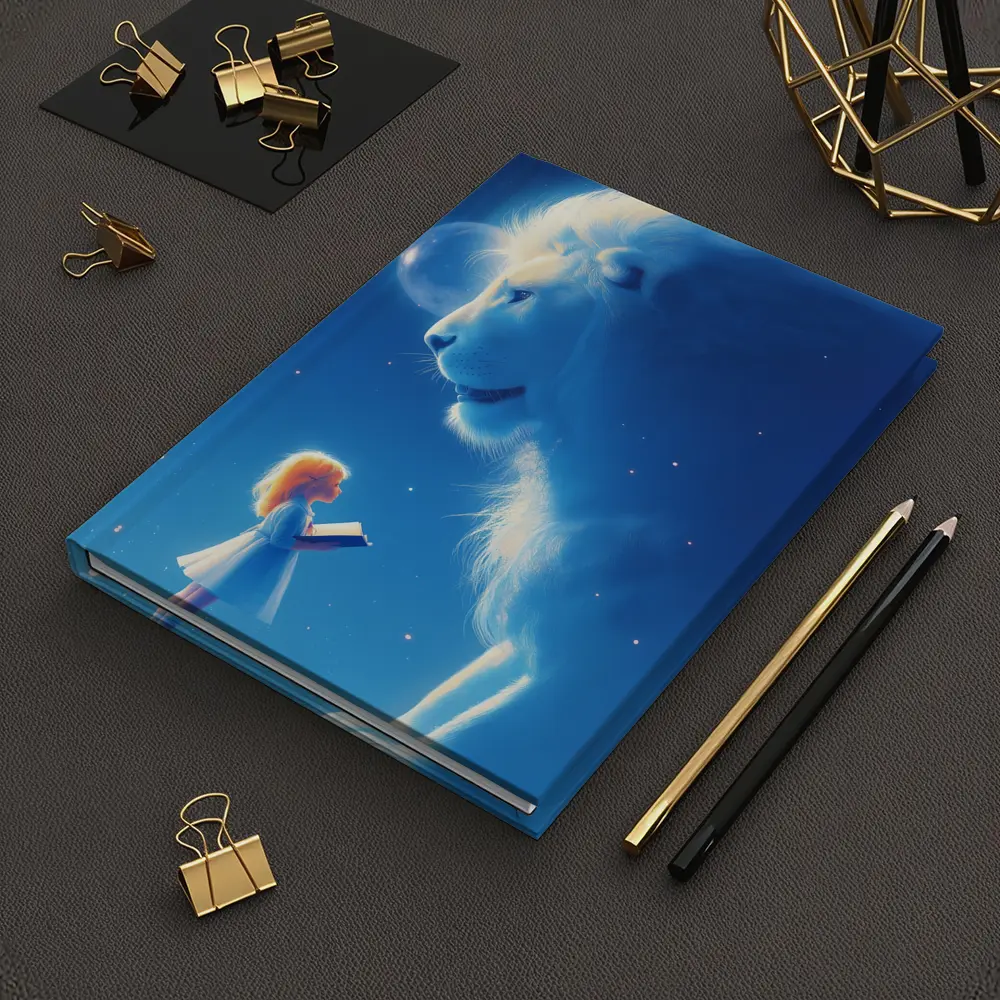 Girl and Glowing White Lion Blue Fantasy – Notebooks