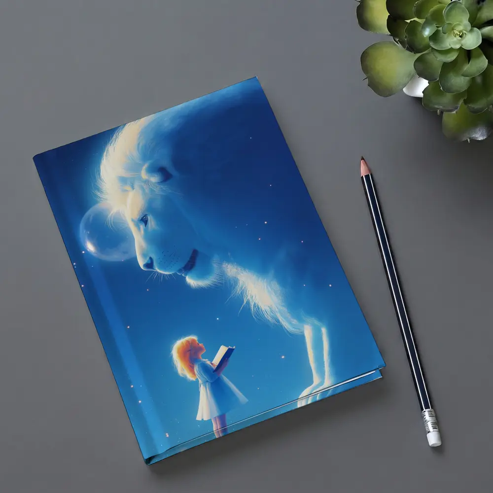Girl and Glowing White Lion Blue Fantasy – Notebooks