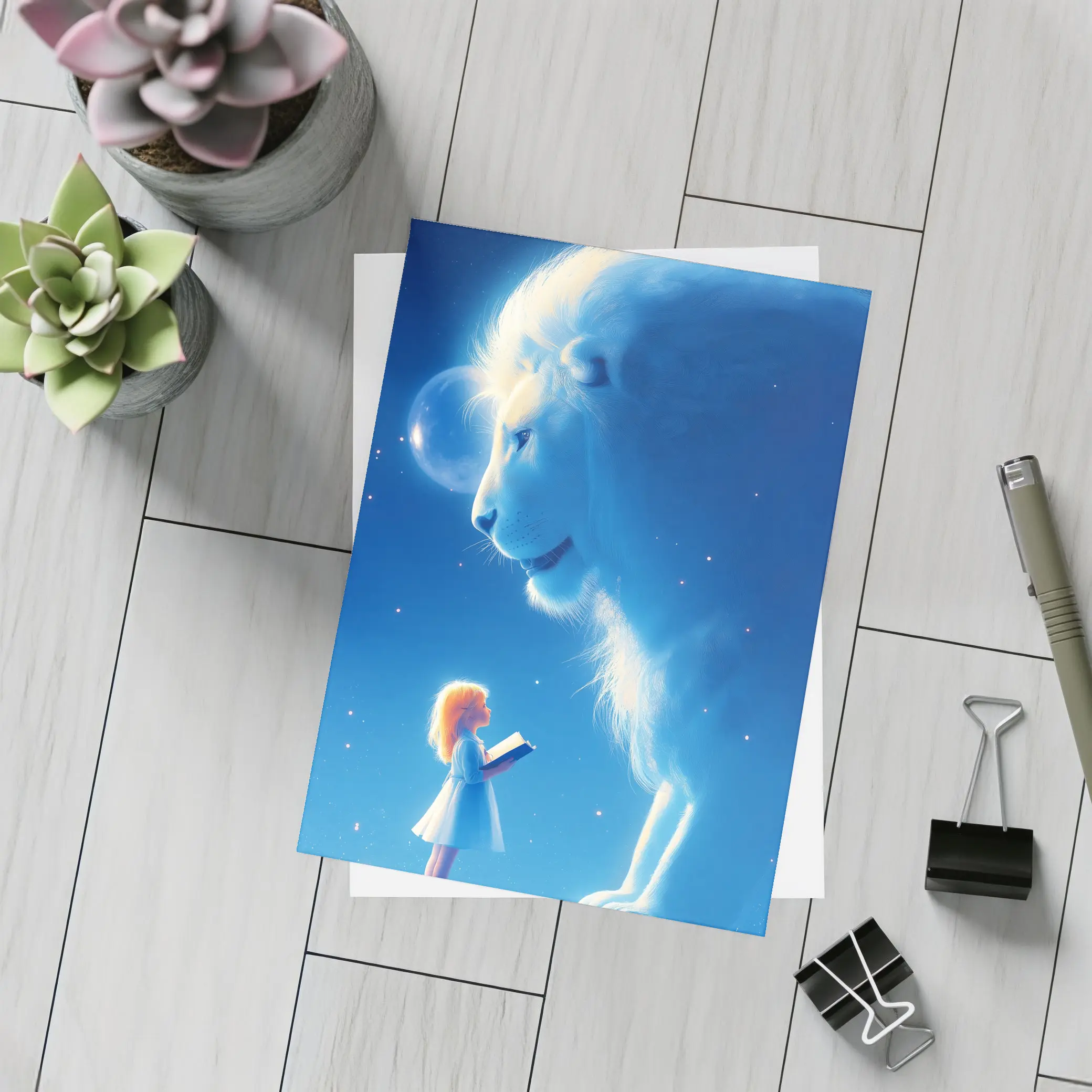 Girl and Glowing White Lion Blue Fantasy – Postcards
