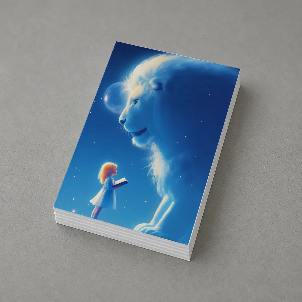 Girl and Glowing White Lion Blue Fantasy – Postcards