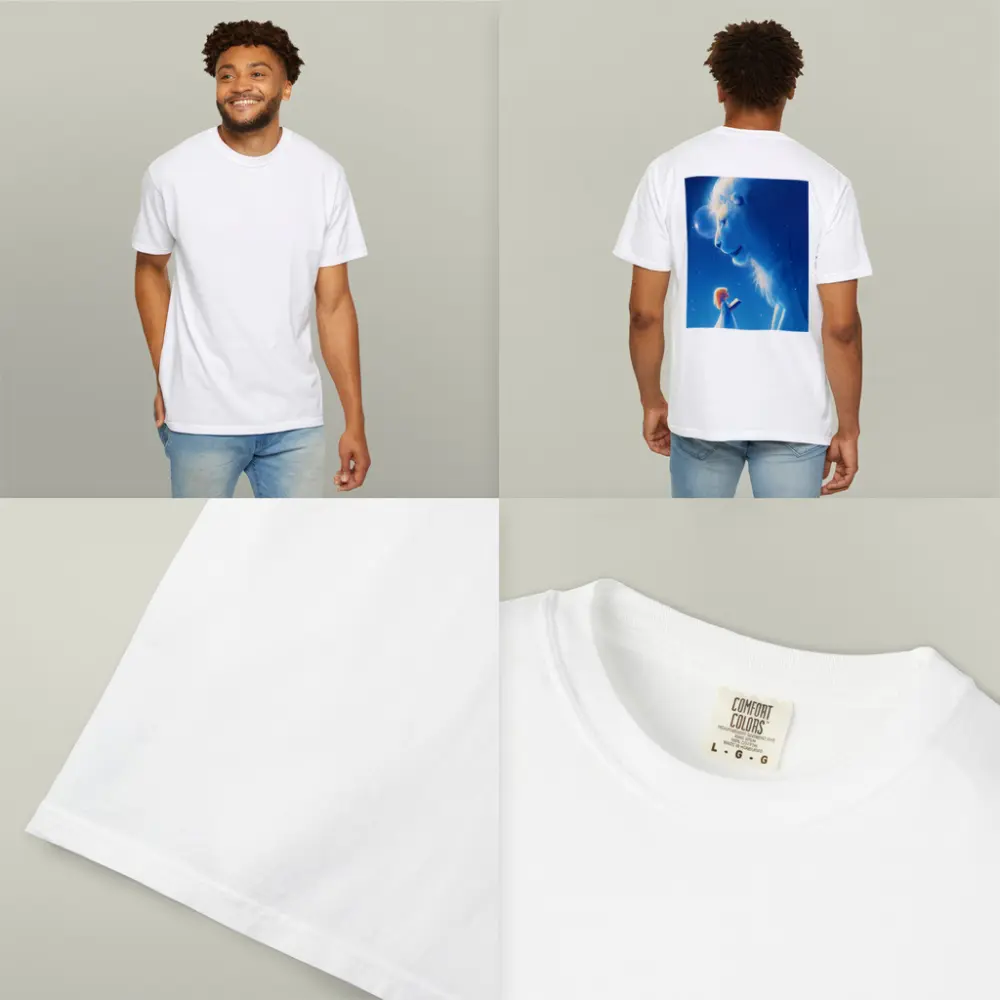 Girl and Glowing White Lion Blue Fantasy – T-Shirts