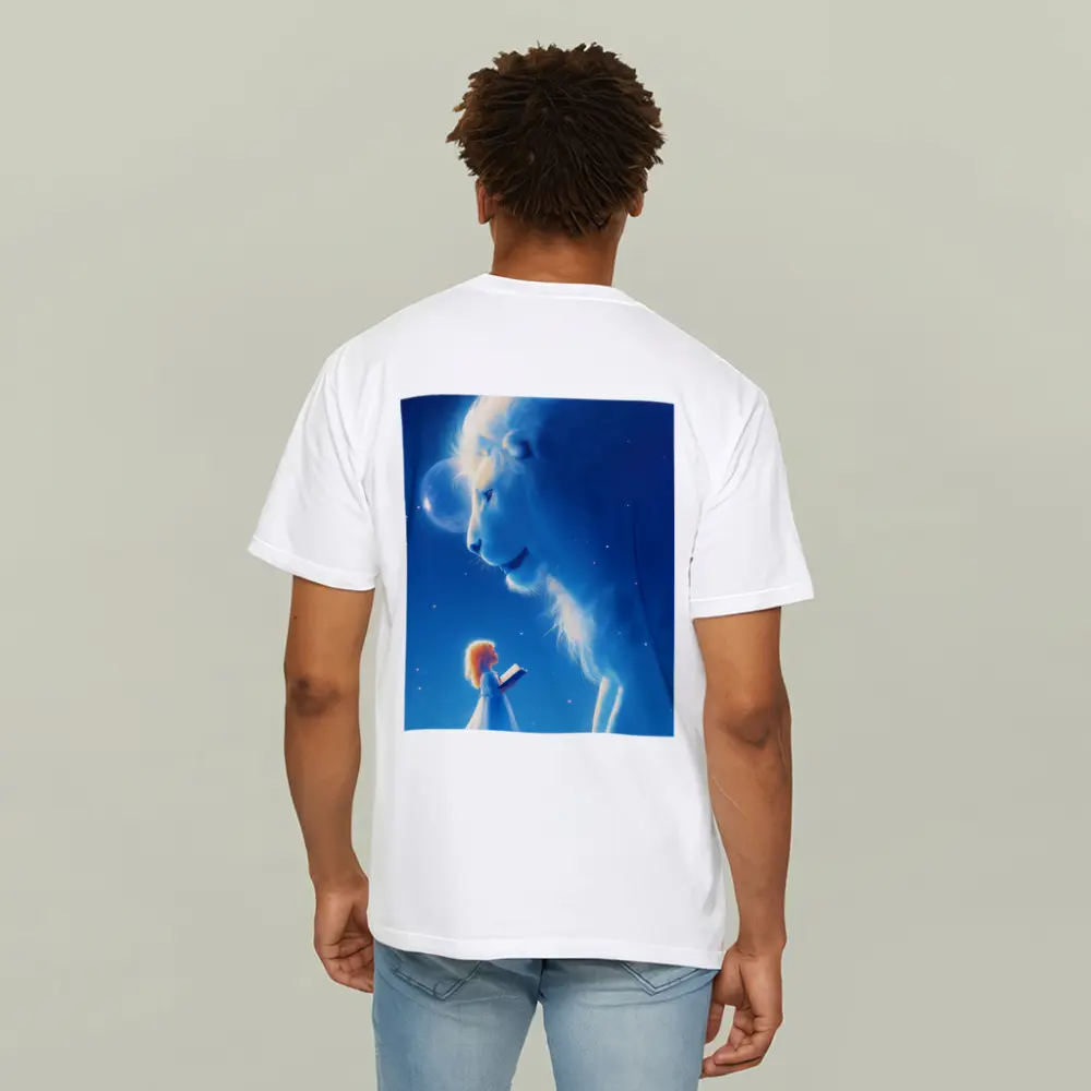 Girl and Glowing White Lion Blue Fantasy – T-Shirts