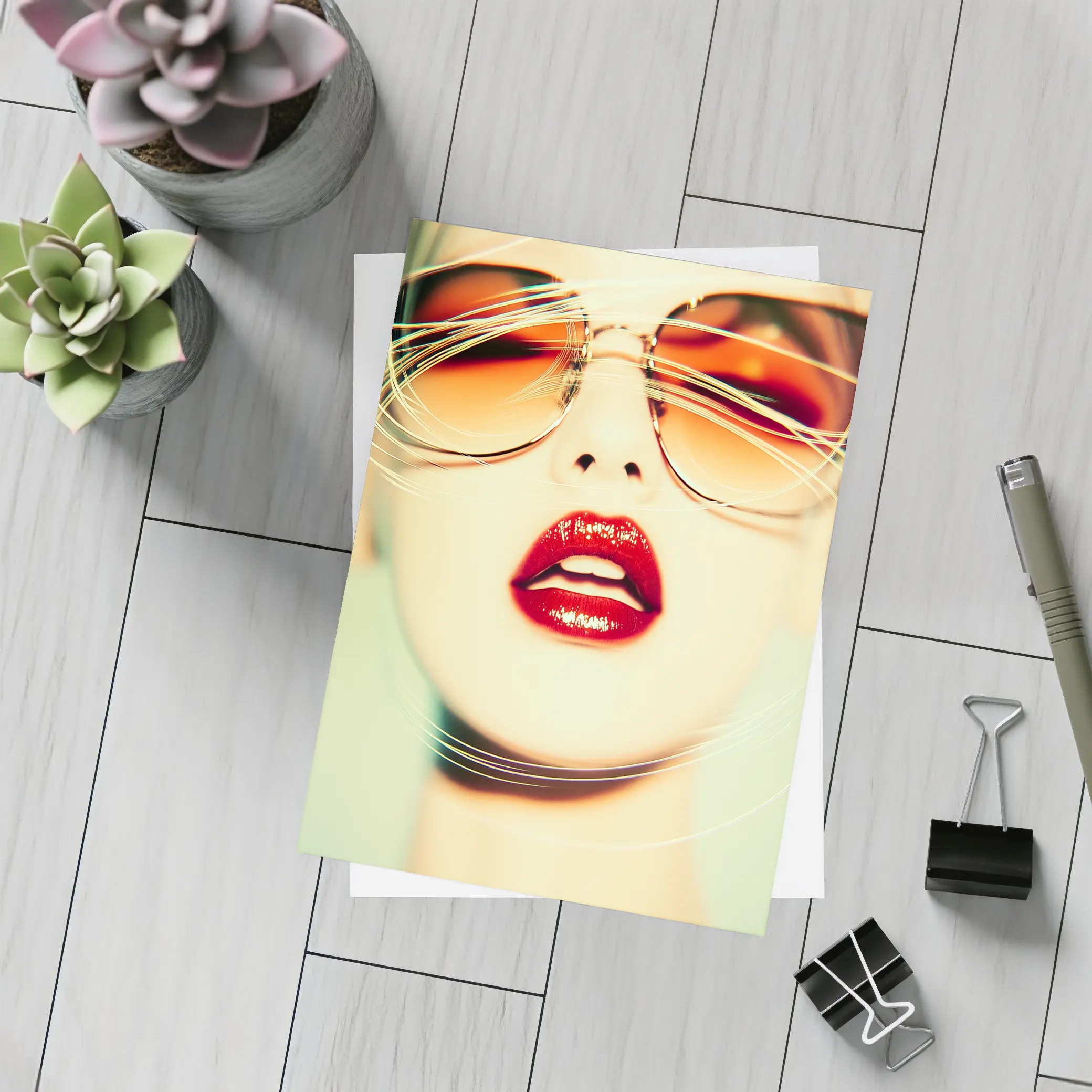 Woman Red Lips Sunglasses Fashion Portrait – Postcards