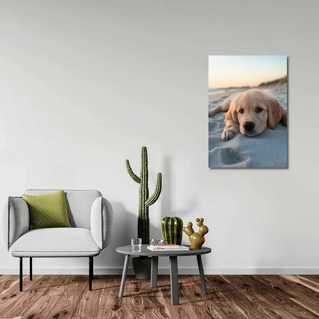 Golden Retriever Puppy Resting On Beach – Wall Art