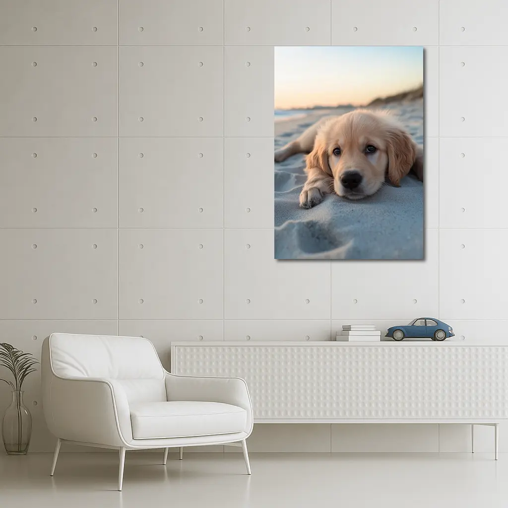Golden Retriever Puppy Resting On Beach – Wall Art