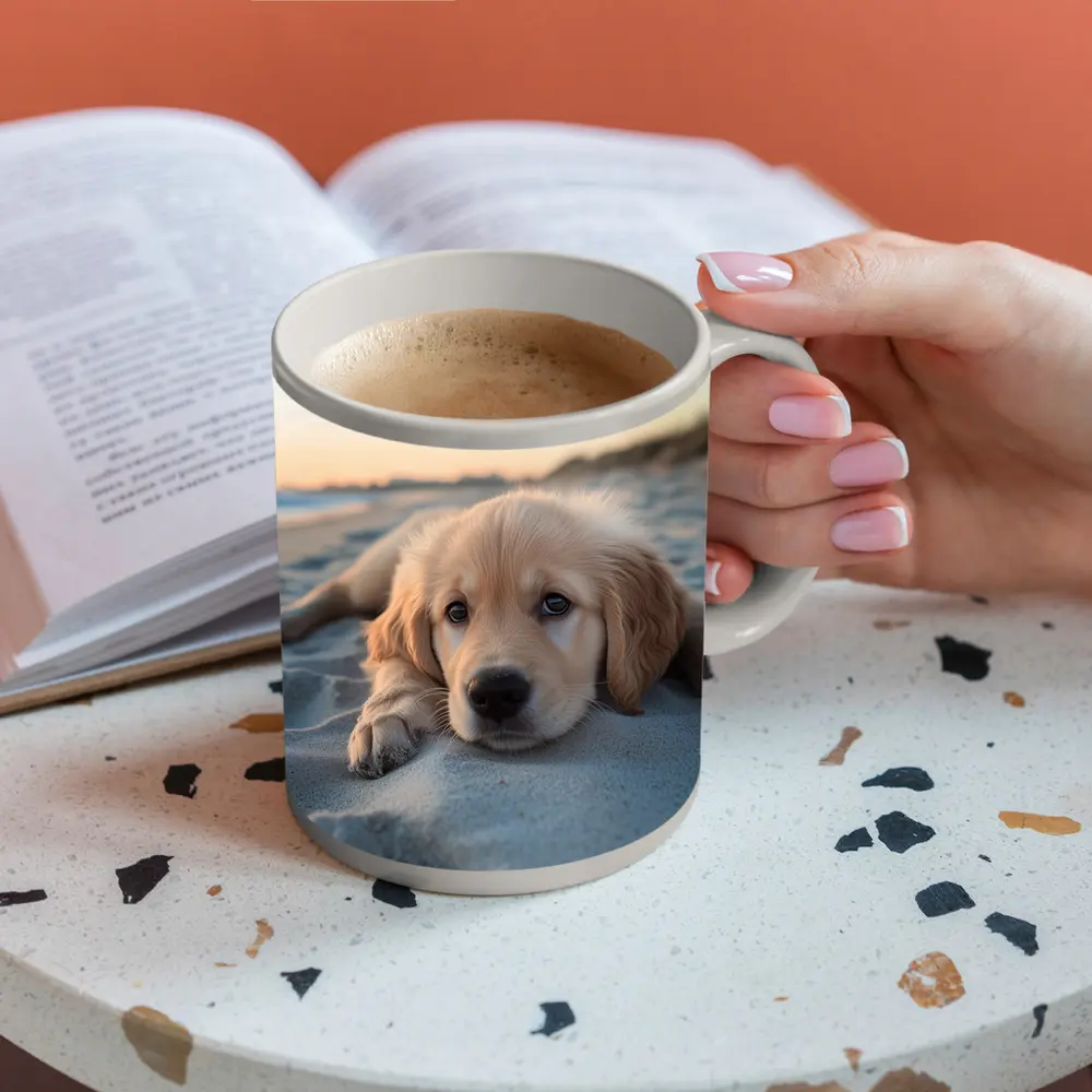 Golden Retriever Puppy Resting On Beach – Mugs