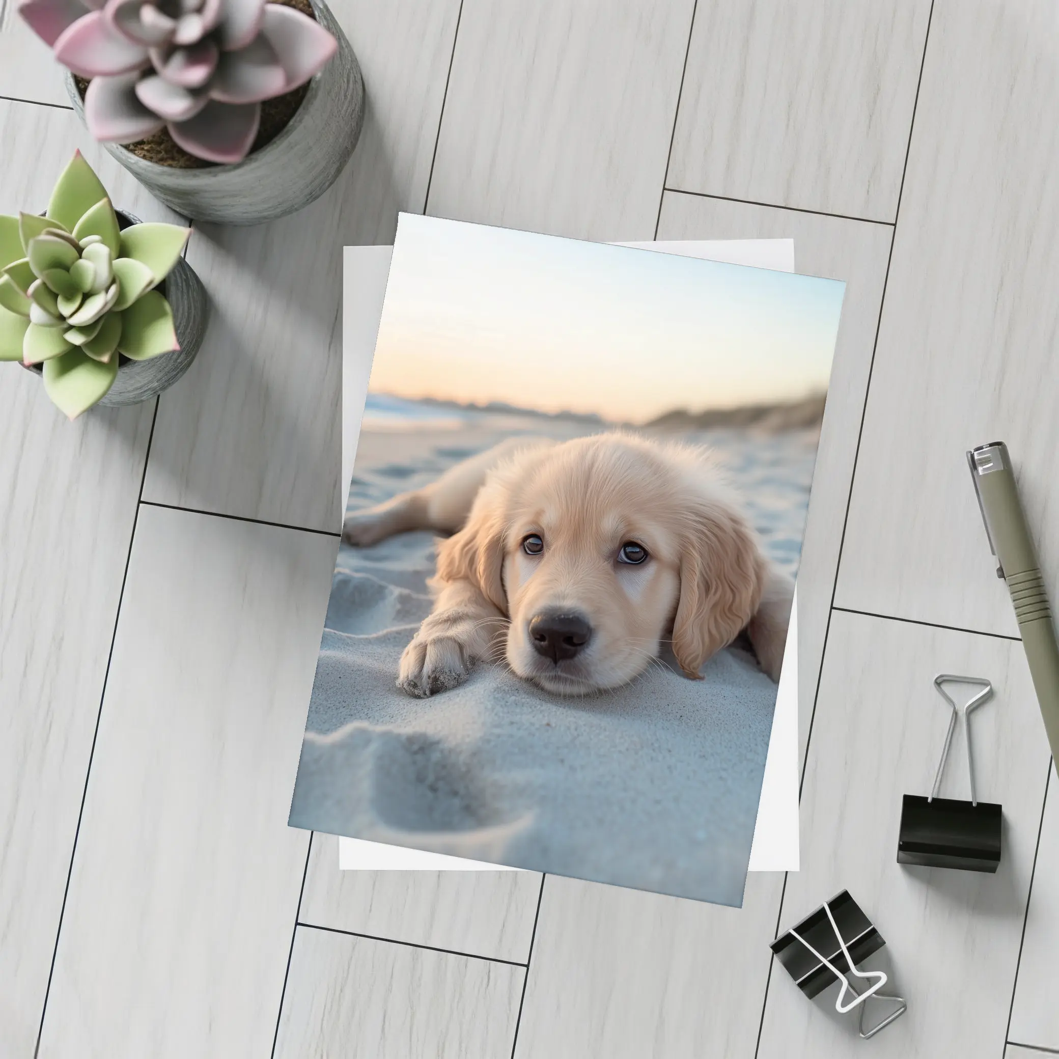 Golden Retriever Puppy Resting On Beach – Postcards
