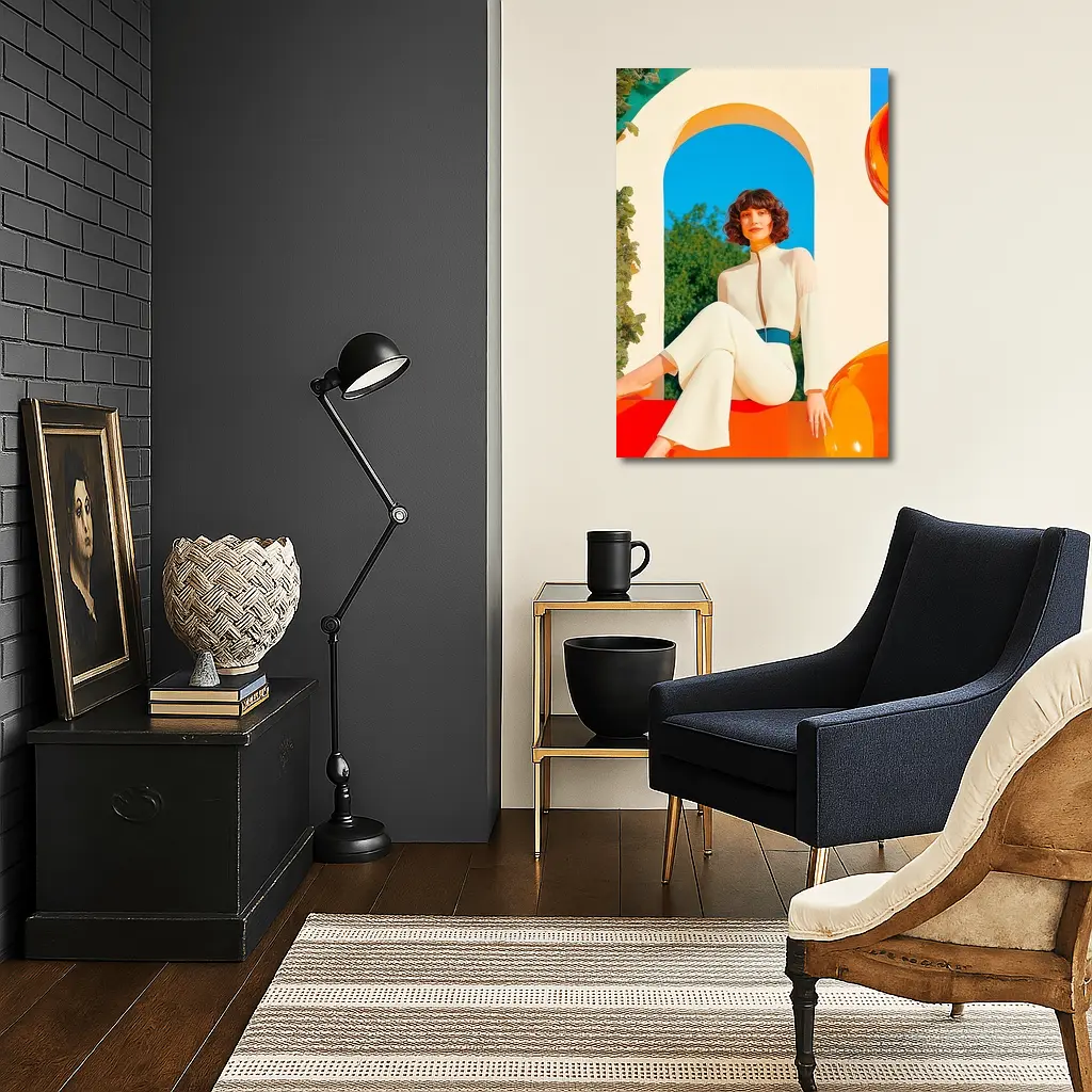 Retro Woman White Outfit Colorful Arch Background – Wall Art