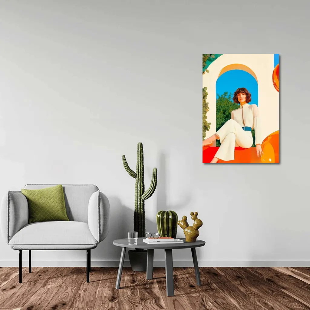 Retro Woman White Outfit Colorful Arch Background – Wall Art