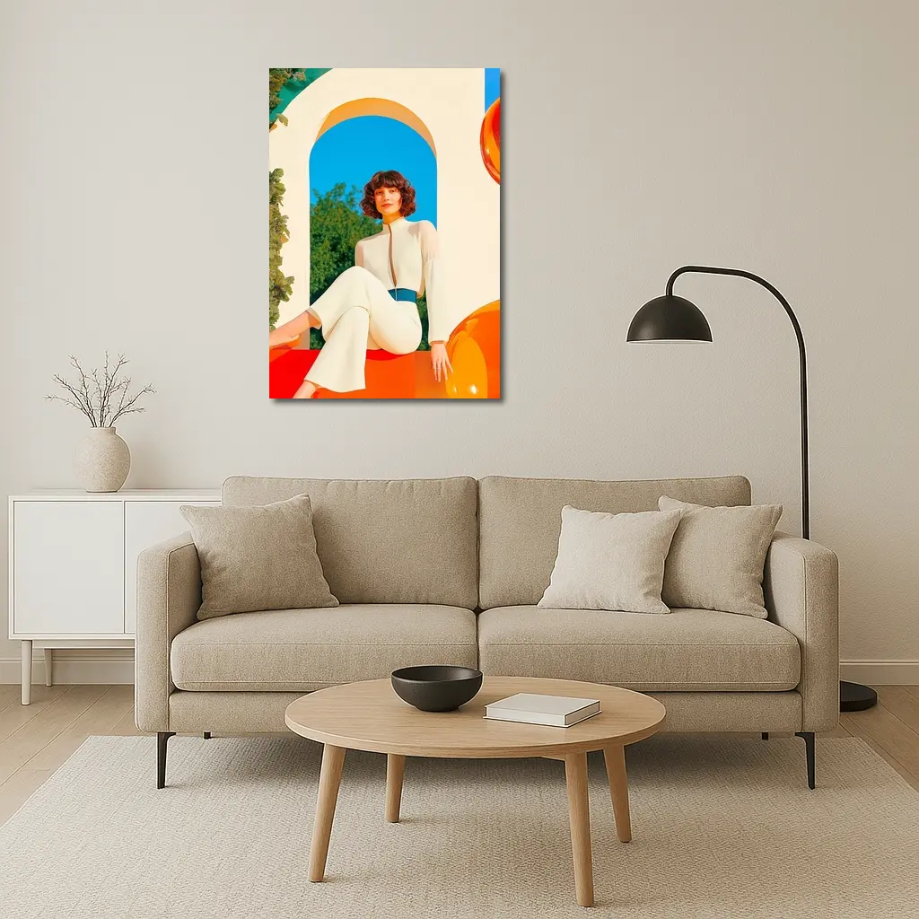Retro Woman White Outfit Colorful Arch Background – Wall Art