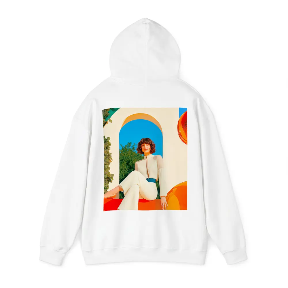 Retro Woman White Outfit Colorful Arch Background – Hoodies