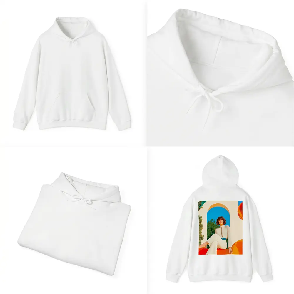 Retro Woman White Outfit Colorful Arch Background – Hoodies