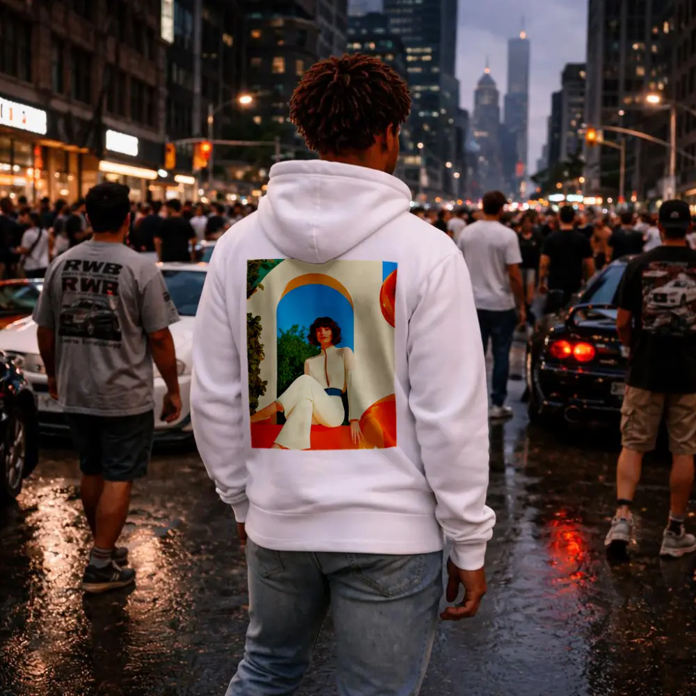 Retro Woman White Outfit Colorful Arch Background – Hoodies