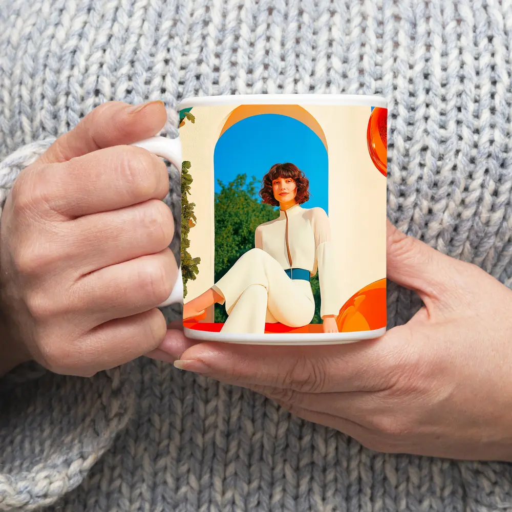 Retro Woman White Outfit Colorful Arch Background – Mugs