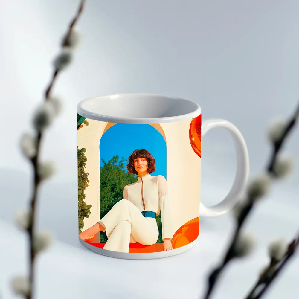 Retro Woman White Outfit Colorful Arch Background – Mugs