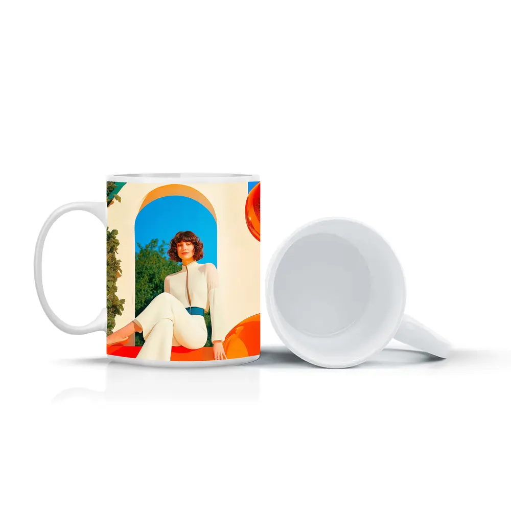 Retro Woman White Outfit Colorful Arch Background – Mugs