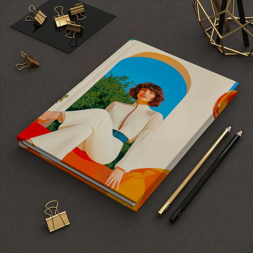 Retro Woman White Outfit Colorful Arch Background – Notebooks