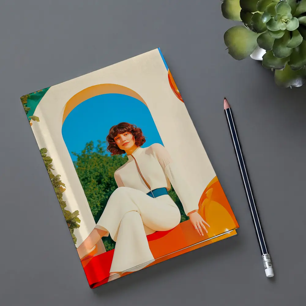 Retro Woman White Outfit Colorful Arch Background – Notebooks