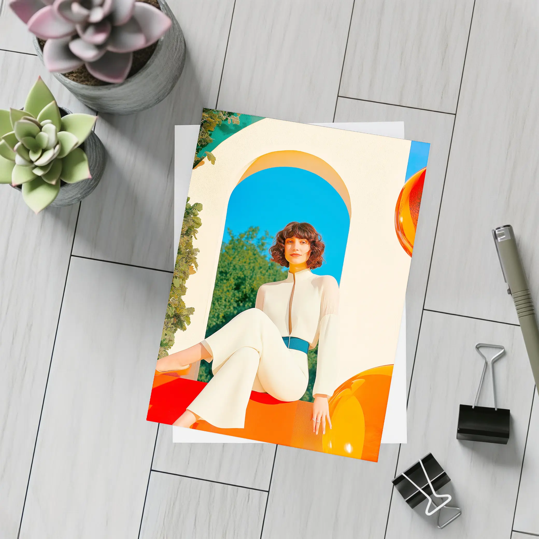 Retro Woman White Outfit Colorful Arch Background – Postcards