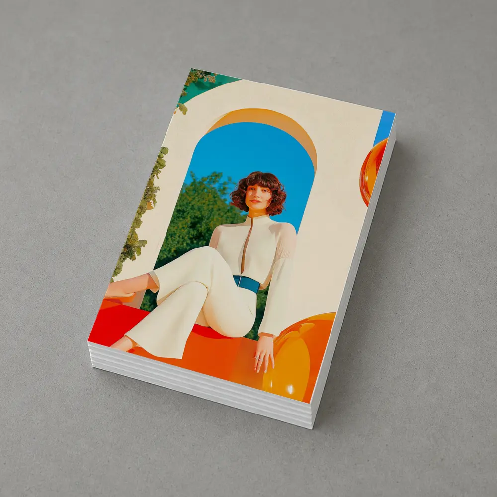 Retro Woman White Outfit Colorful Arch Background – Postcards