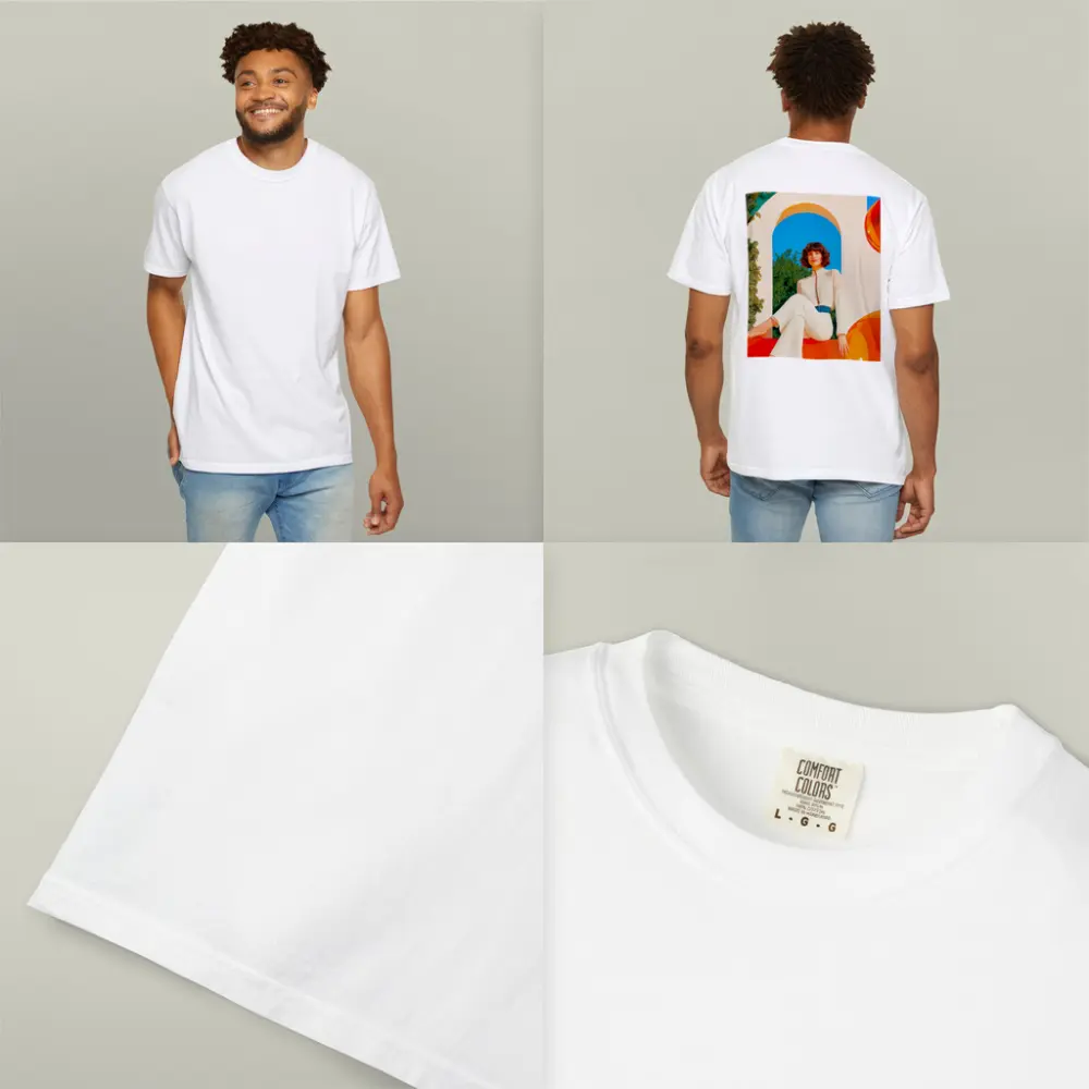 Retro Woman White Outfit Colorful Arch Background – T-Shirts