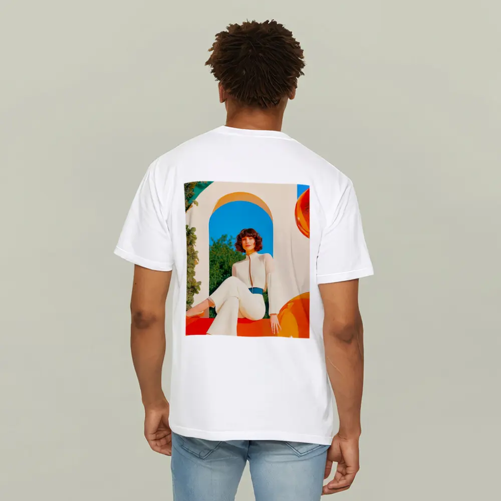 Retro Woman White Outfit Colorful Arch Background – T-Shirts