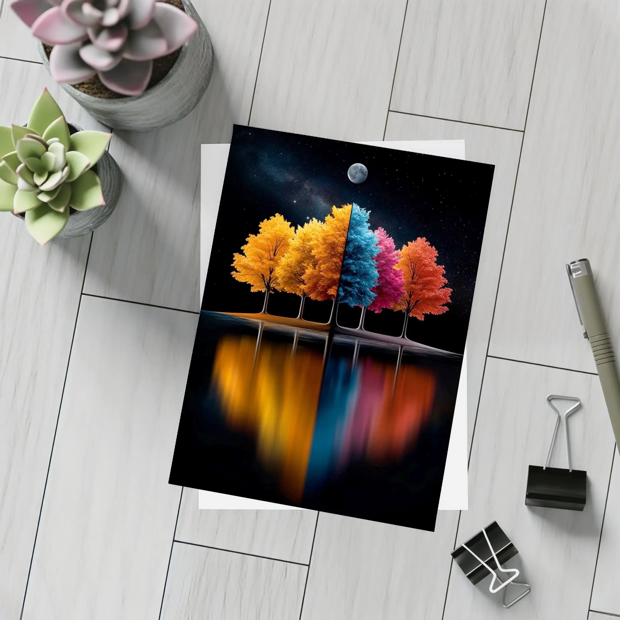 Colorful Trees Reflected On Dark Water – Postcards
