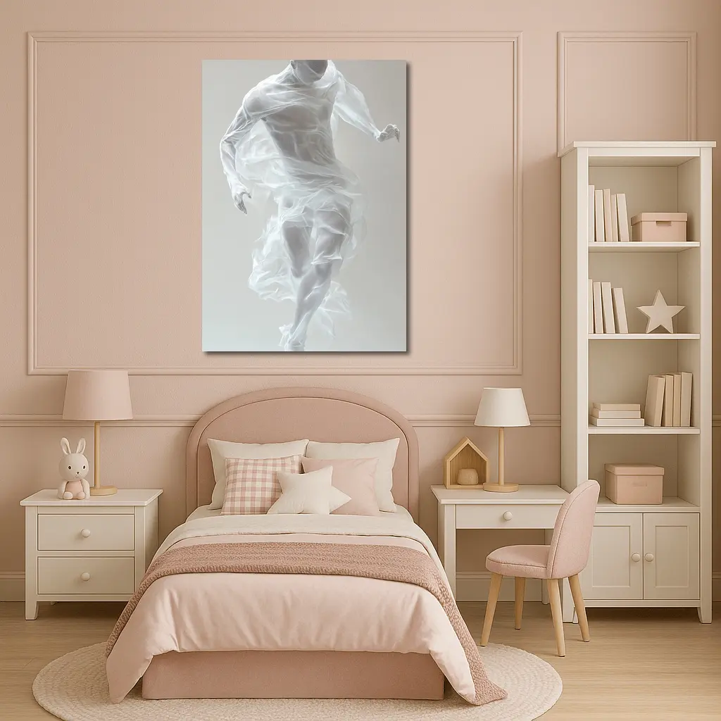 White Draped Figure Dancing Abstract Minimal – Wall Art