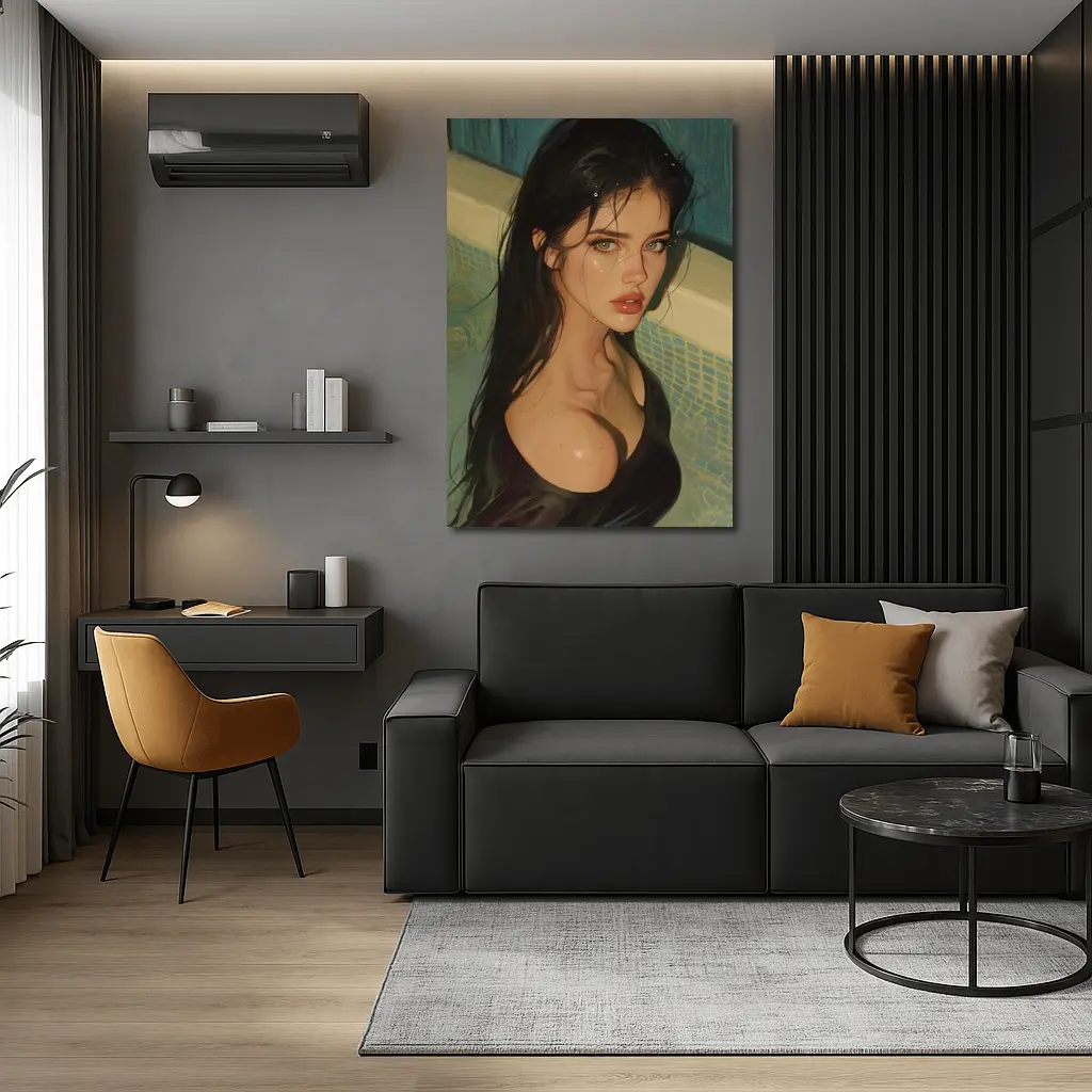 Dark Hair Woman Portrait Pool Digital Art – Wall Art