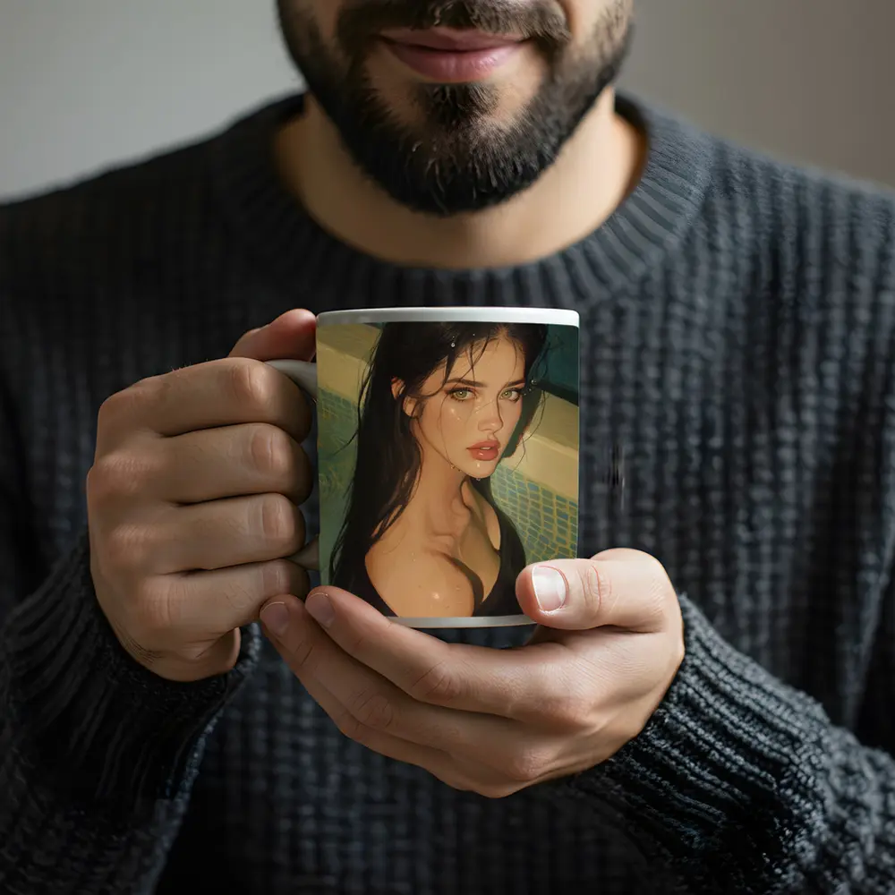 Dark Hair Woman Portrait Pool Digital Art – Mugs