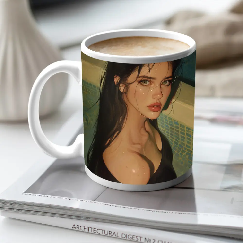 Dark Hair Woman Portrait Pool Digital Art – Mugs