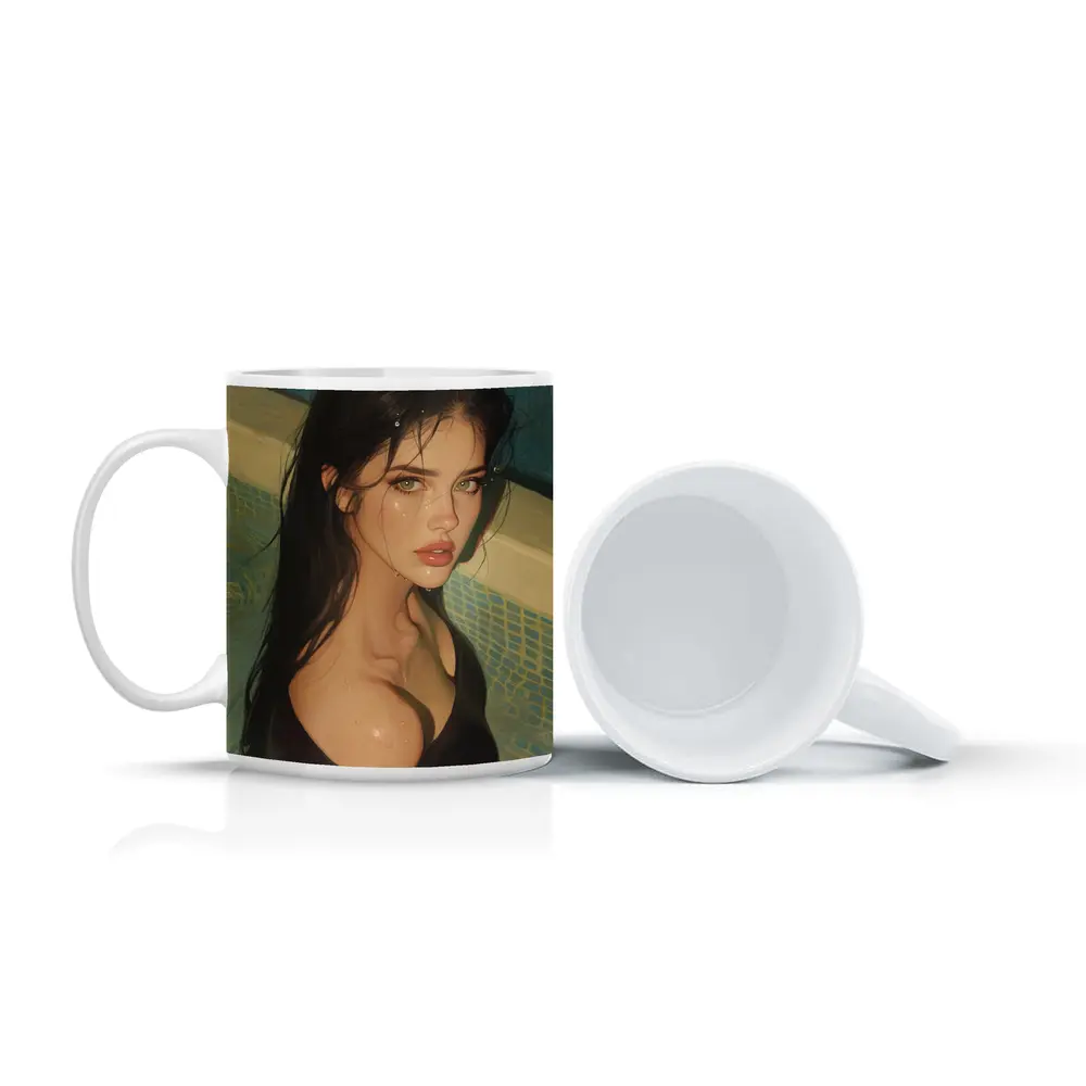 Dark Hair Woman Portrait Pool Digital Art – Mugs