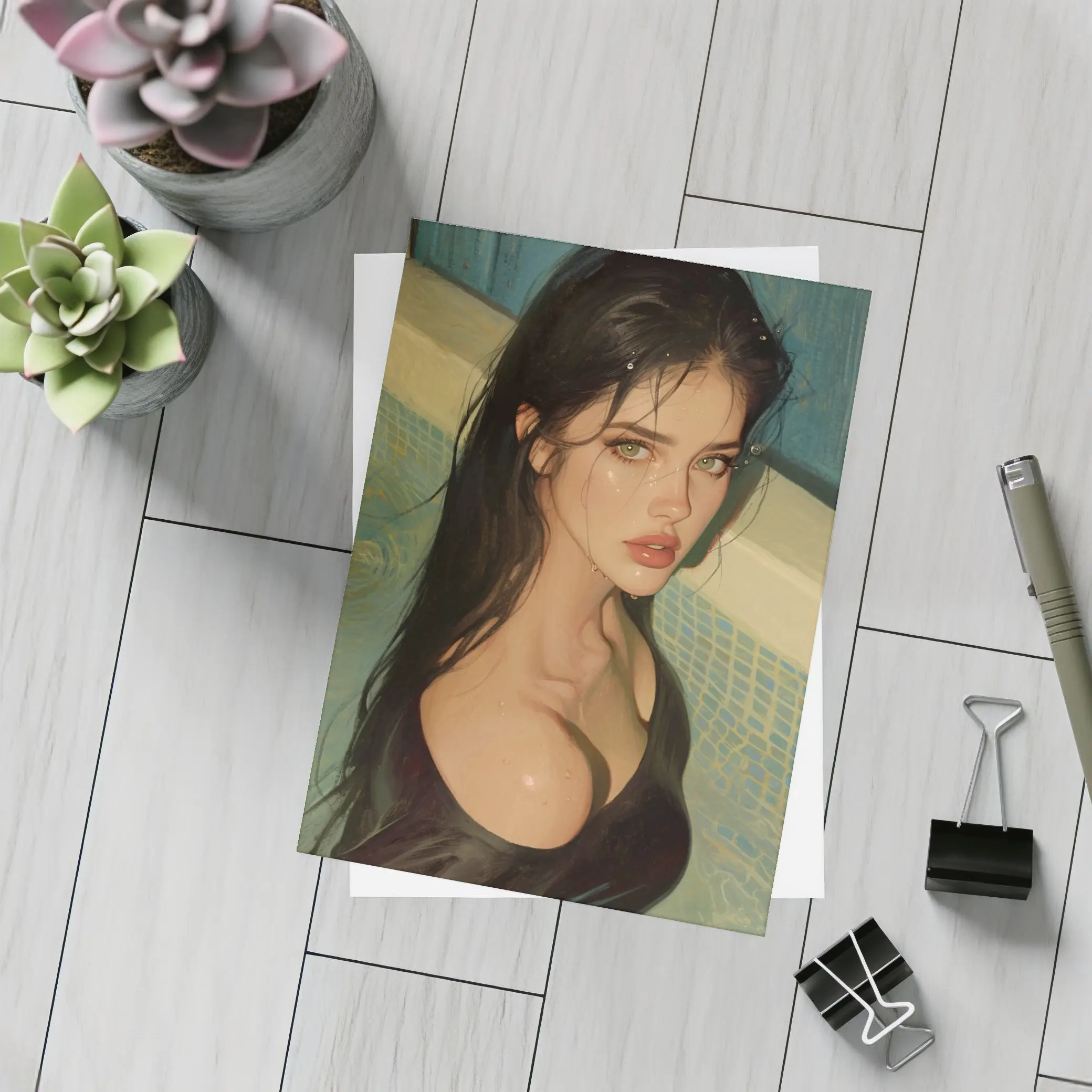 Dark Hair Woman Portrait Pool Digital Art – Postcards