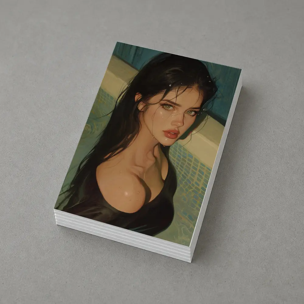 Dark Hair Woman Portrait Pool Digital Art – Postcards