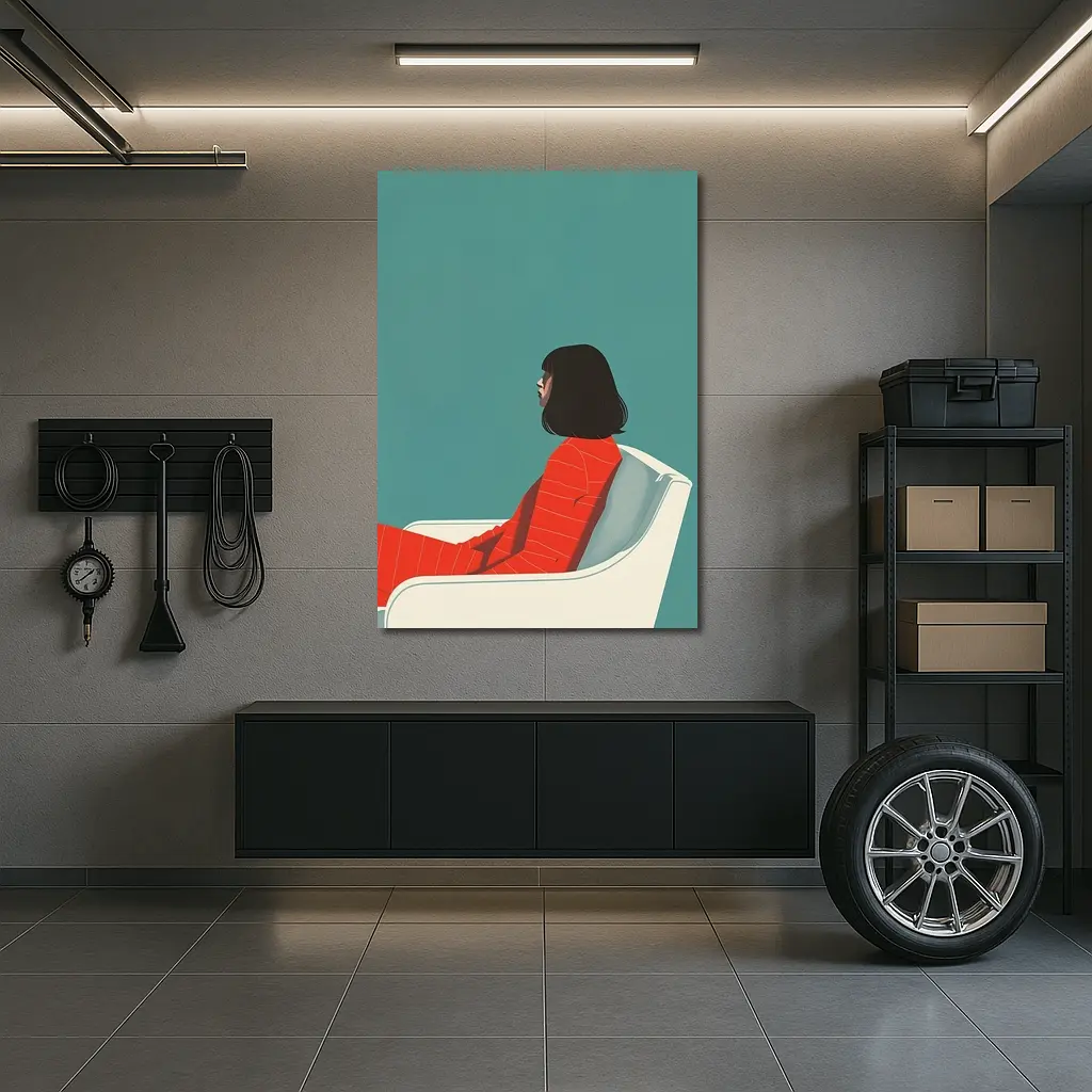 Woman Red Outfit Sitting Teal Background – Wall Art