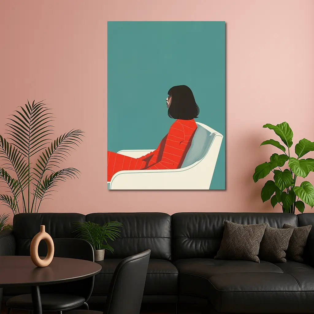 Woman Red Outfit Sitting Teal Background – Wall Art