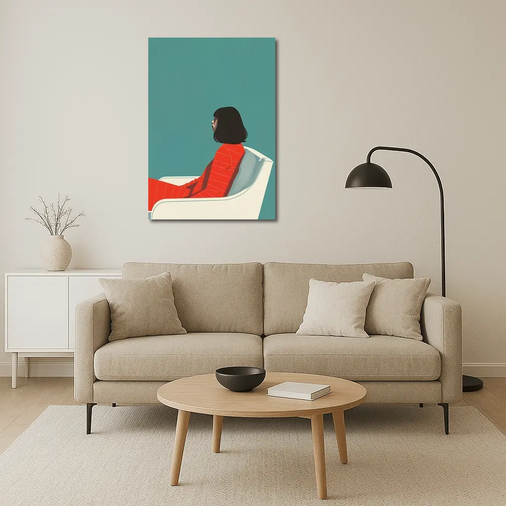 Woman Red Outfit Sitting Teal Background – Wall Art