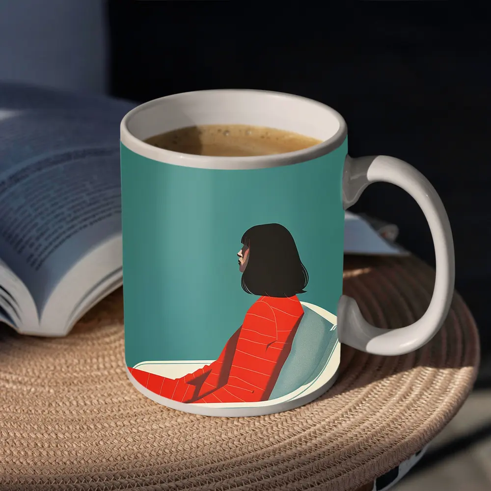 Woman Red Outfit Sitting Teal Background – Mugs