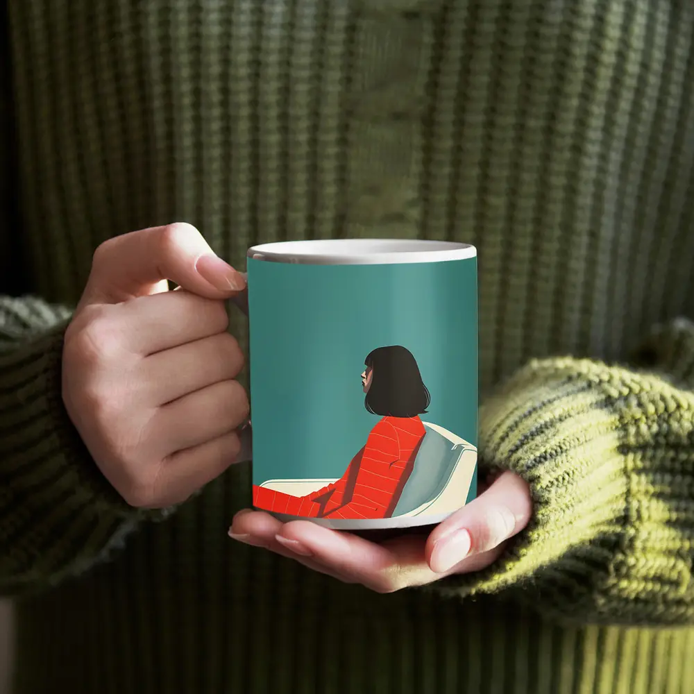 Woman Red Outfit Sitting Teal Background – Mugs