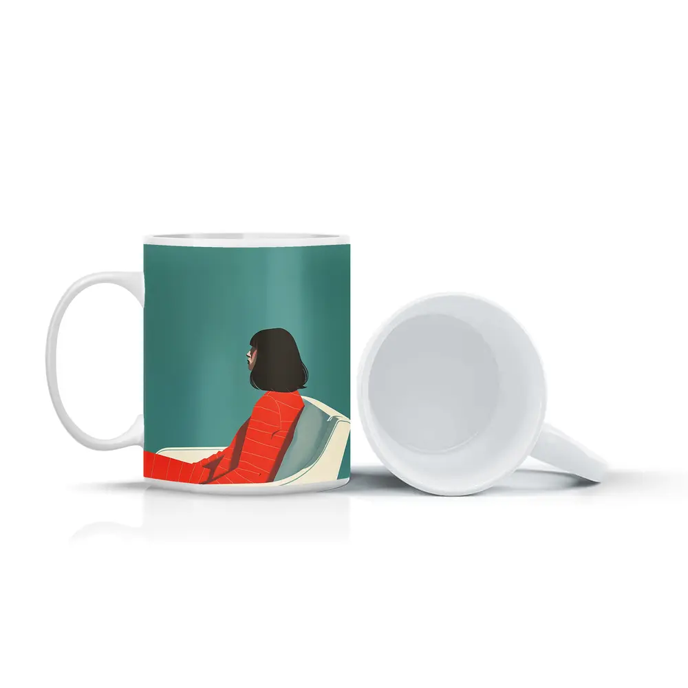 Woman Red Outfit Sitting Teal Background – Mugs
