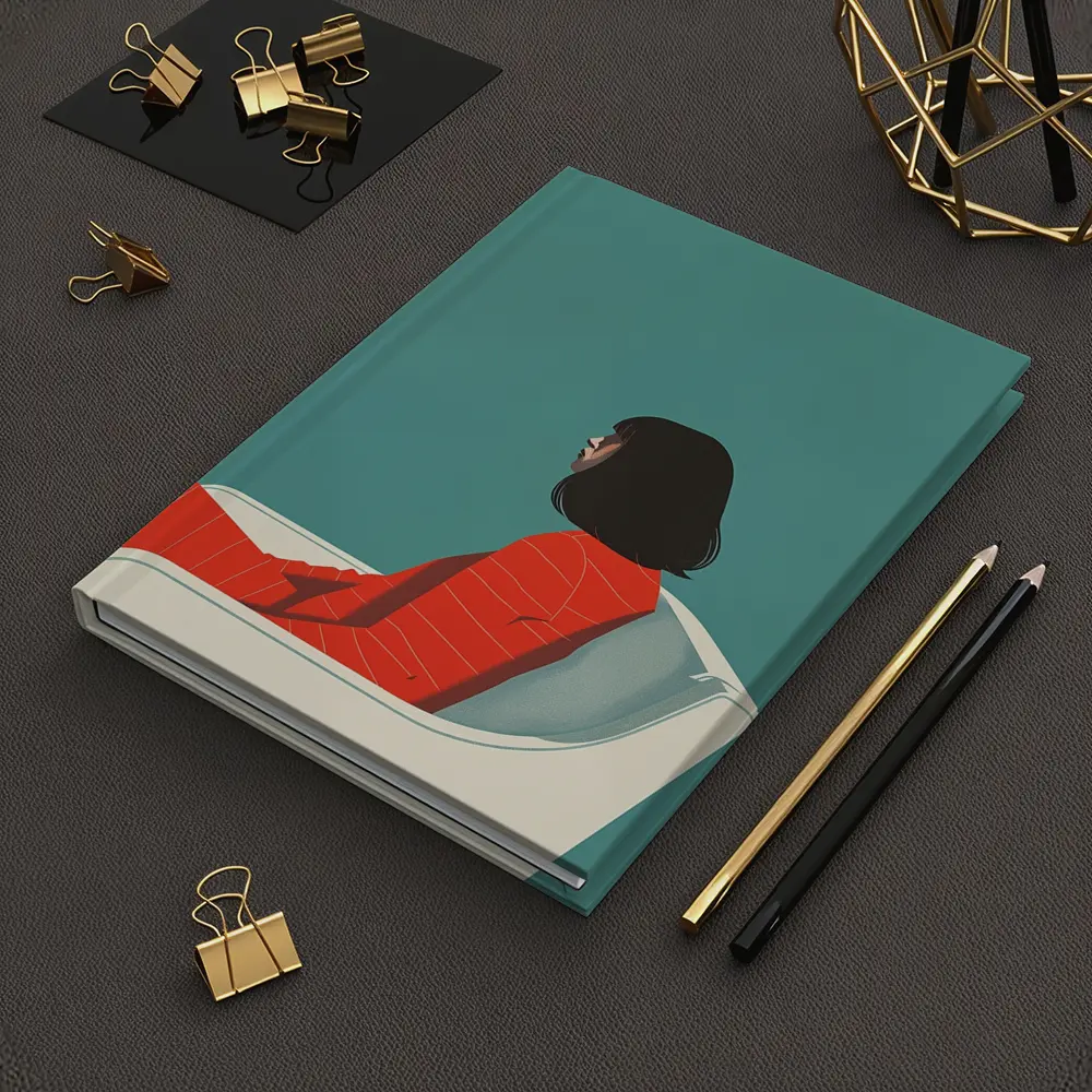 Woman Red Outfit Sitting Teal Background – Notebooks