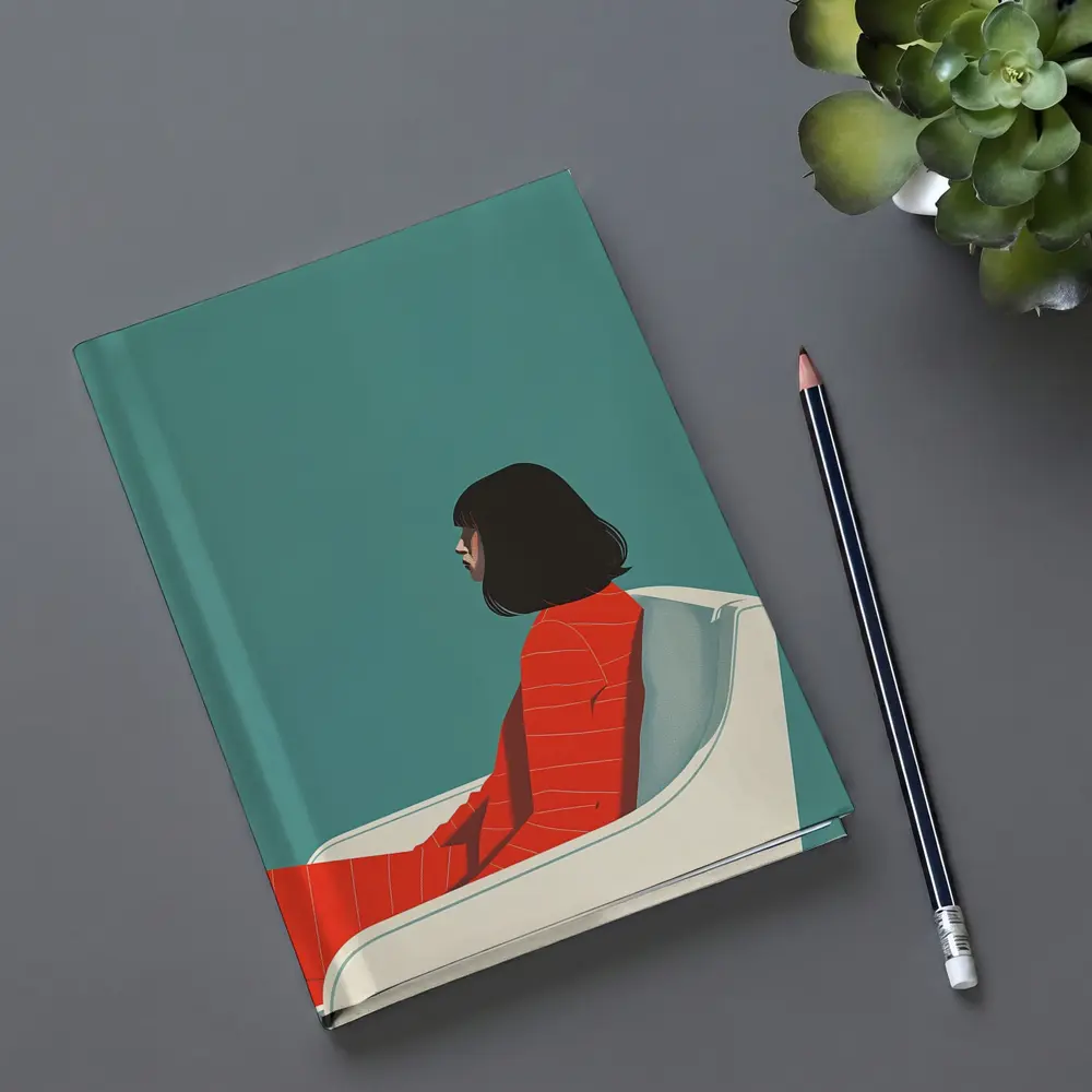 Woman Red Outfit Sitting Teal Background – Notebooks