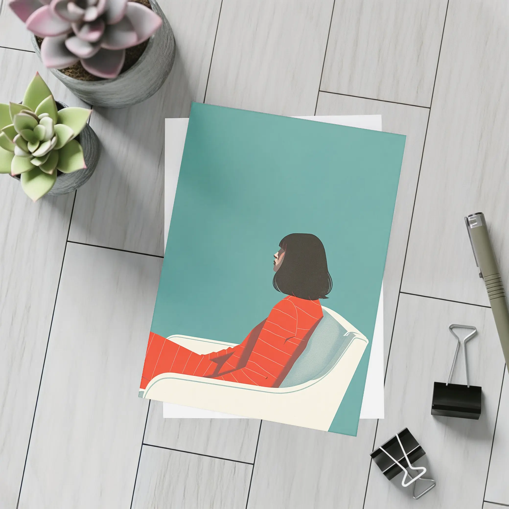 Woman Red Outfit Sitting Teal Background – Postcards
