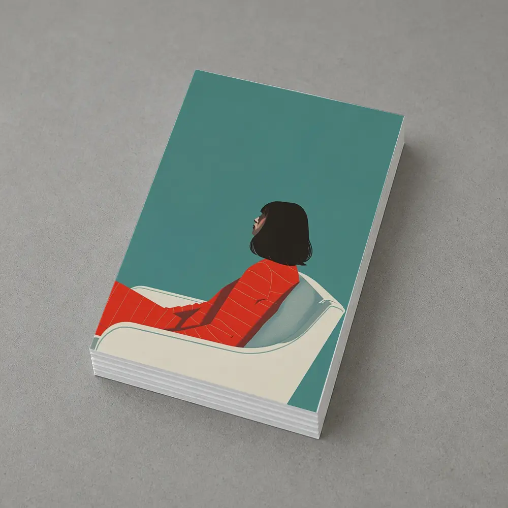 Woman Red Outfit Sitting Teal Background – Postcards