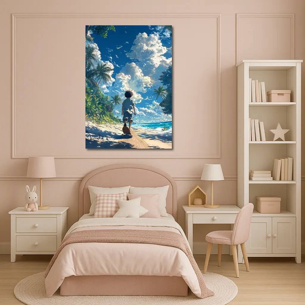 Anime Boy Walking Tropical Beach Blue Sky – Wall Art