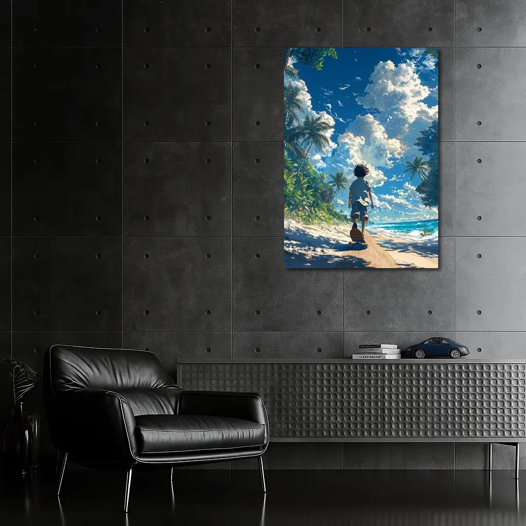 Anime Boy Walking Tropical Beach Blue Sky – Wall Art